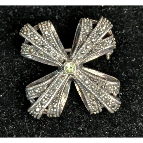 Vintage Sterling Silver 925 Marcasite Brooch Pin Green Gem Stone Peridot manly - Picture 4 of 12